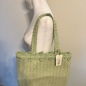 Woven Floral Trim Tote Bag - Sage Green